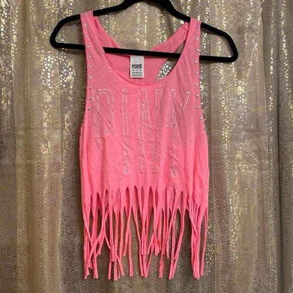 Vintage PINK Victorias Secret hot pink silver studded fringed tanktop XS NWT - Picture 1 of 6